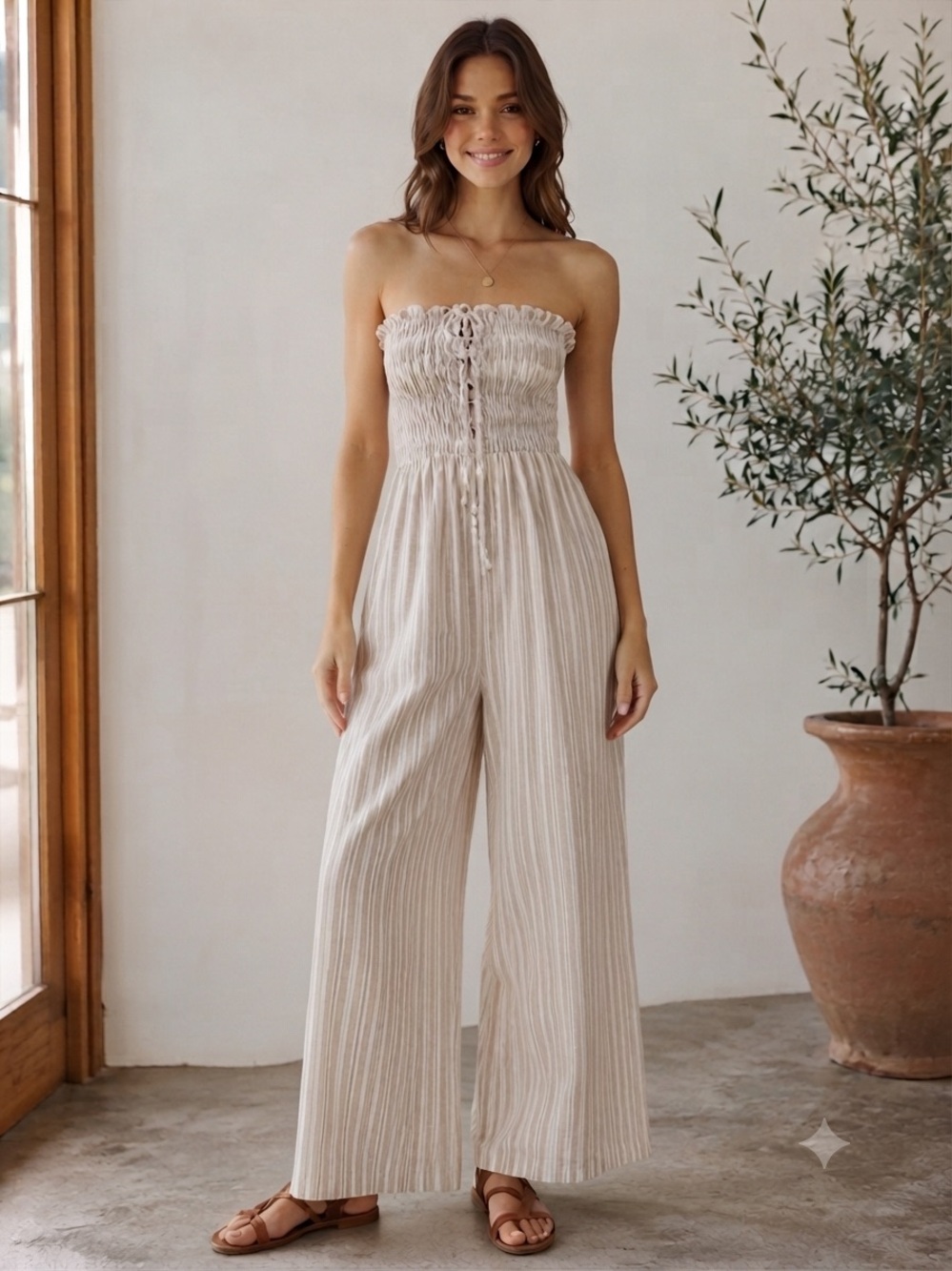 Klesis Striped Smocked Strapless Wide-Leg Jumpsuit in Natural Stripe- Size S